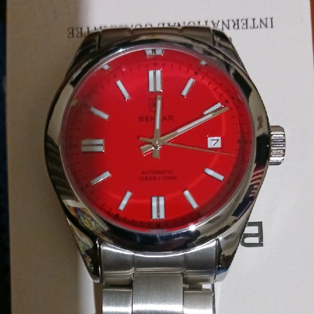 Benyar Silver Watch with Red Dial,automatic Movement